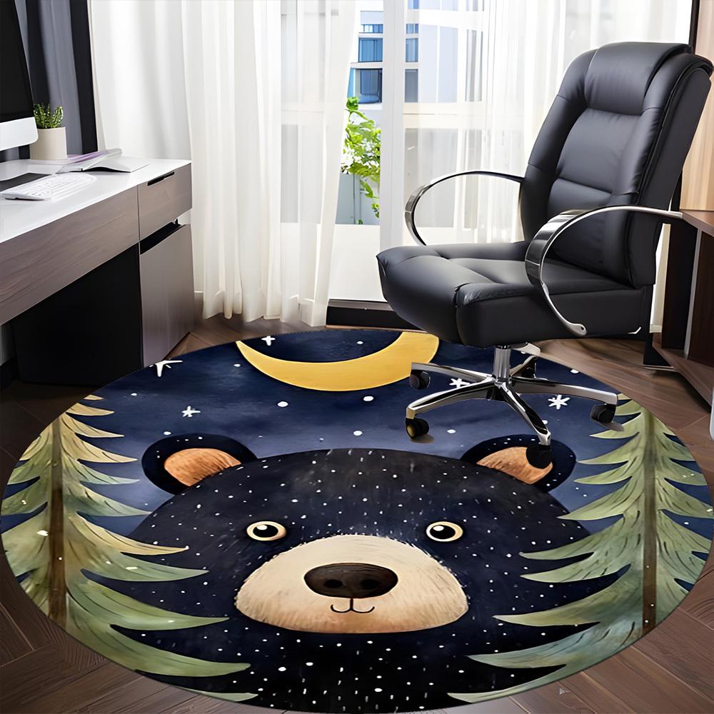 1pc Bear Night Office Round Area Rug, Indoor Mat Suitable ForOffice, Under Office Chairs Bedroom Living Room Home Decor, Room Deco T076