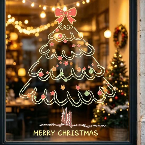 Christmas Store Window Displays Tree Sticker, Simple Line Static Cling Decal, Waterproof Art Removable Festive PVC Decal for Holiday Home Glass Doors