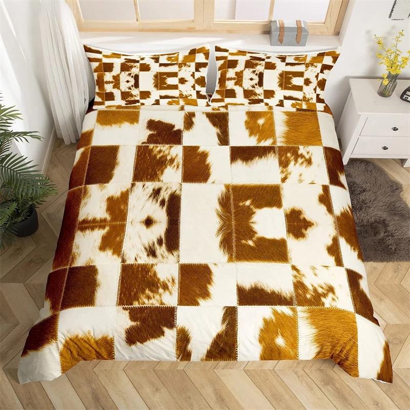 Cowhide King Queen Duvet Cover Patchwork Cow Fur Print Bedding Set Animal Quilt Cover Western Cowboy Polyester Comforter Cover