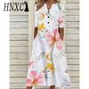 HNXC Elegant Women Dresses V Neck Short Sleeve Button Party Dress Female Summer Vintage Print Dress Casual Loose Floral Ladies Dresses