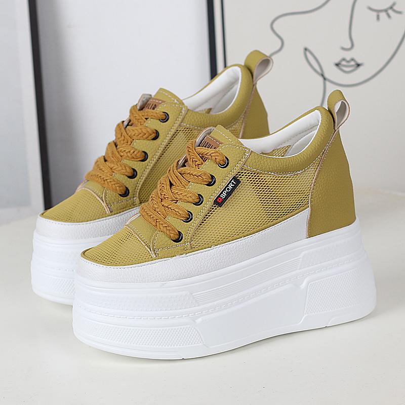 Fashion 12CM Air Mesh Genuine Leather Slides Hidden Heel Summer Ankle Boots Hollow Women Platform Sandals Wedge Breathable Shoes