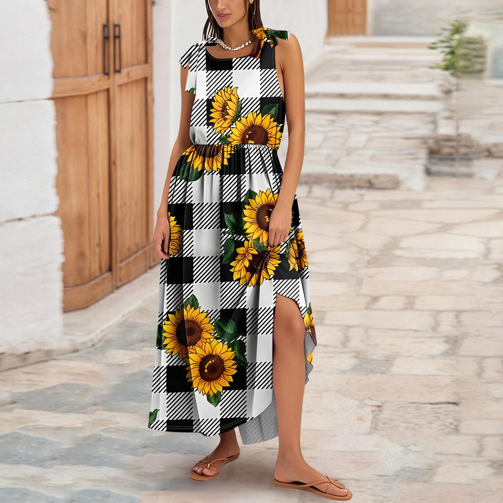 

Женское летнее модное платье-майка А-силуэта без рукавов, повседневное, с цветочным принтом/с карманом L чёрный