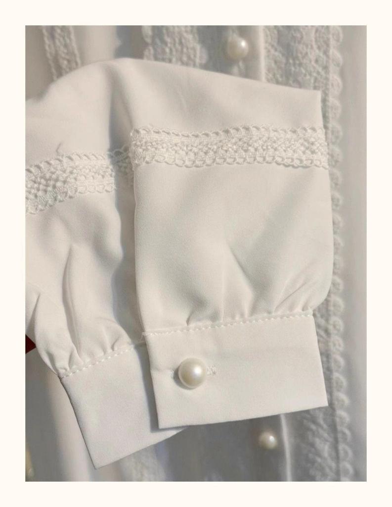 Women's White Lace Patchwork Stand-Up Collar Lantern Sleeve Blouse - Stylish Autumn 2025 Inner Wear