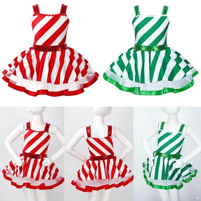 Girls Christmas Dance Costumes Sleeveless Striped Sequins Leotard Tutu Dress Costume