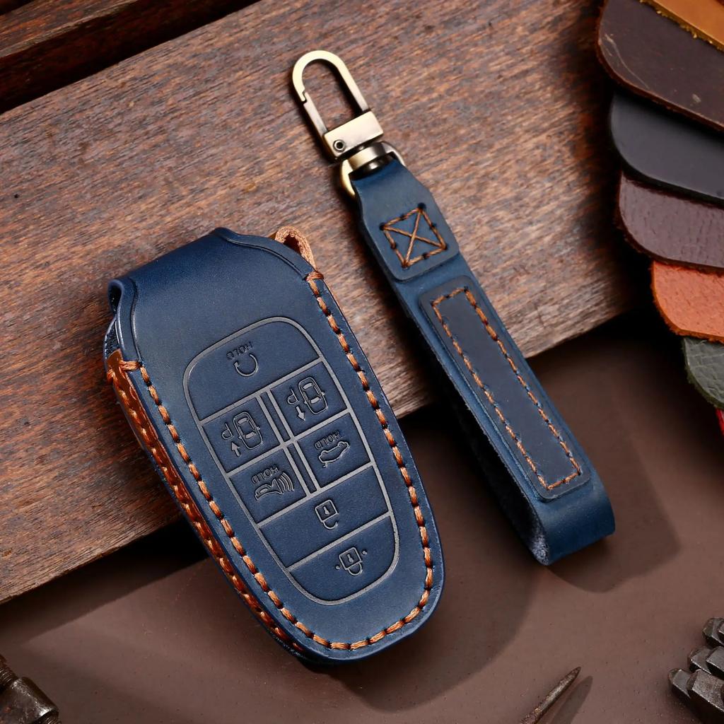 Leather Car Key Case Cover Fob Accessories for Hyundai Tucson Solaris Sonata Hybrid Nexo Nx4 Grand Santa Fe Keychain Holder Bag