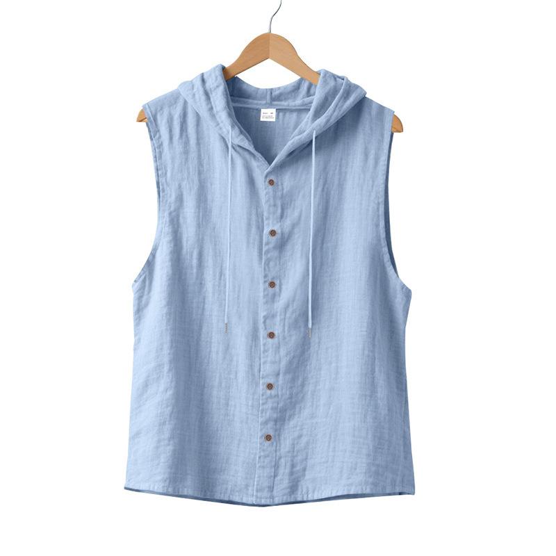 2025 Summer Mens Sleeveless Shirt New Men Loose Casual Linen Hooded Shirt Male Thin Waistcoat Male Trendy Casual Shirt