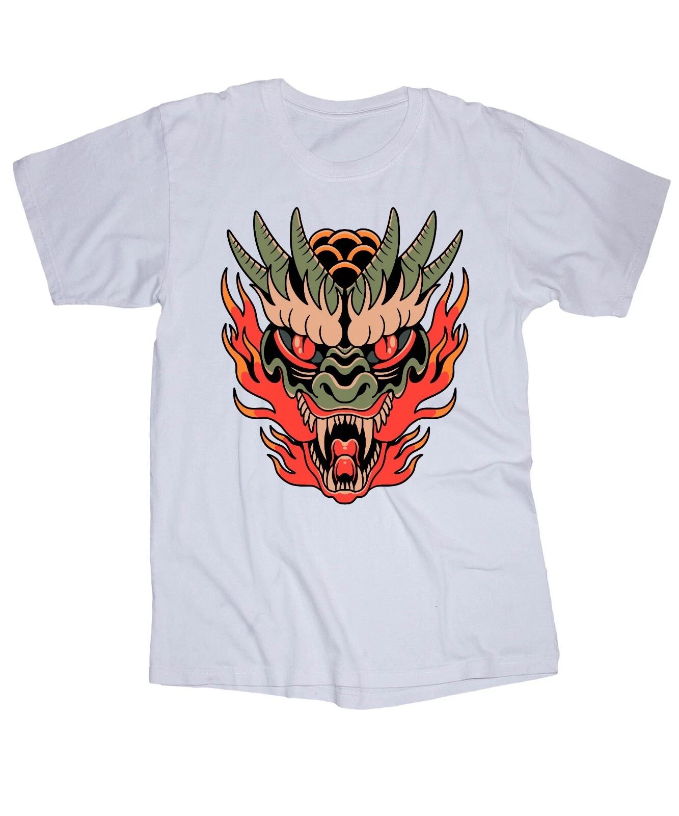 Red fire dragon Tattoo graphic art white T-shirt S