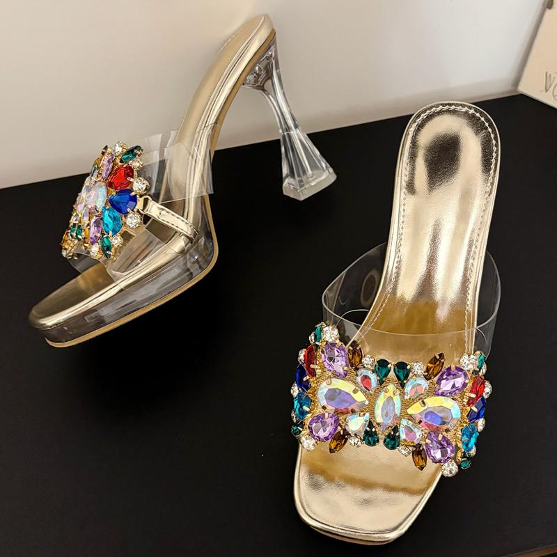 Fashion Eilyken Summer PVC Transparent Square Toe Woman Slippers Fashion Crystal Clear High Heels Shoes Summer Slides Zapatos De Mujer