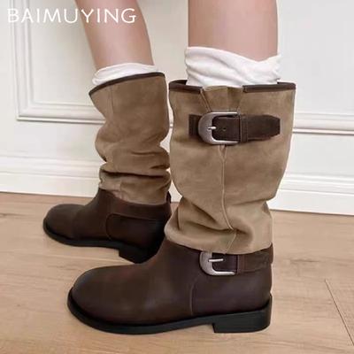 Women'boots Suede Flats Mid Calf Shoes Woman Trend Winter Brand Goth Chelsea Boots Snow Punk Gladiator Motorcycle Botas