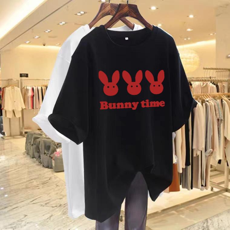 Medium and long short-sleeved t-shirt women's 2025 new rabbit print white loose and thin trendy short-sleeved top trendy