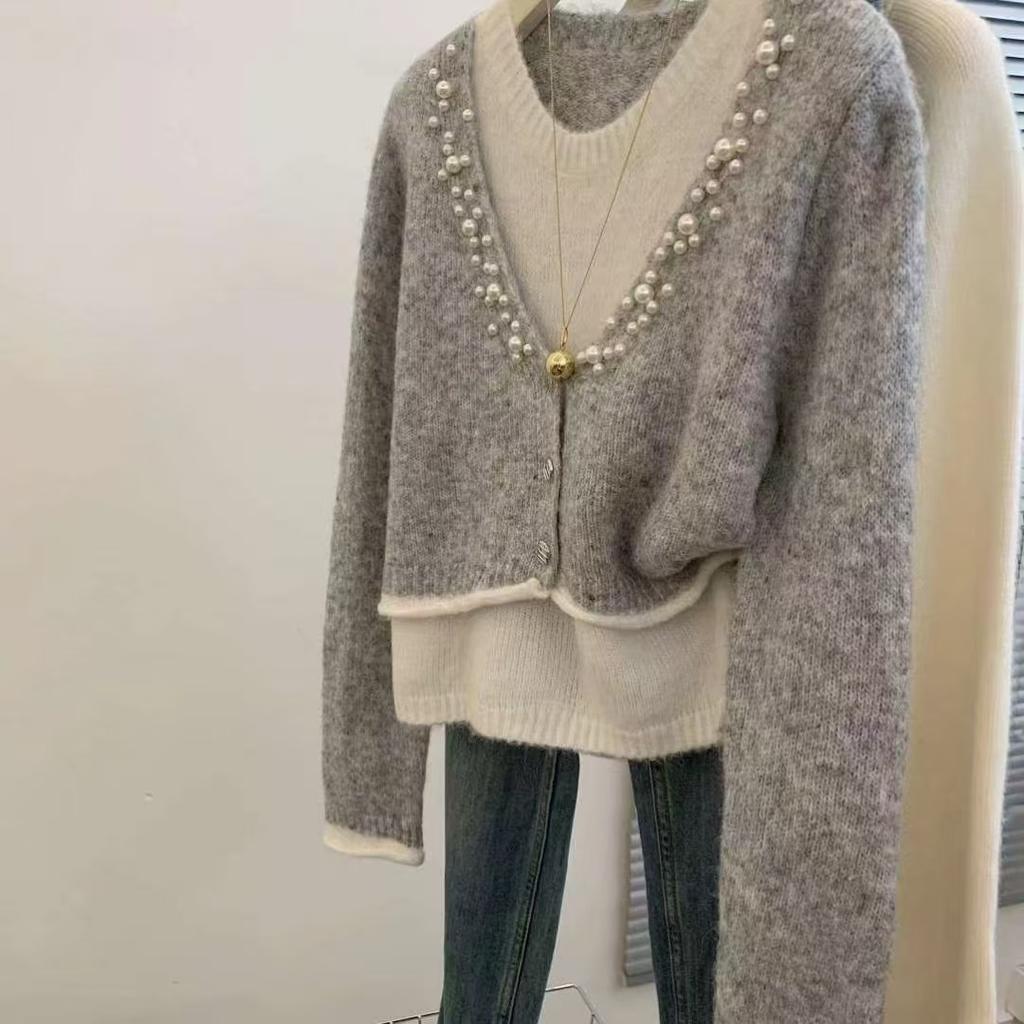 Temperament stacked fake two-piece top women's fashion knitted sweater lazy style high-end design sense niche