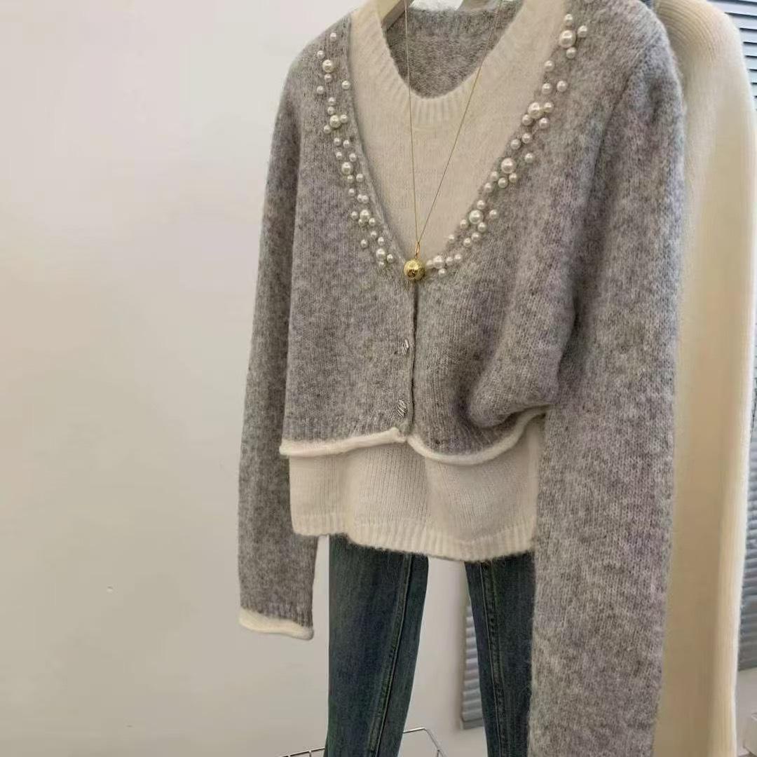 

Темпераментный многослойный топ-двойка, женский модный вязаный свитер в ленивом стиле, высококлассный дизайн, ниша one size fits all серый