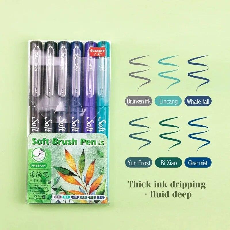 6Pcs Soft Brush Tip Marker Pens Artist Markers Flexible Tip Assorted Colors for Journaling Hand Lettering Calligraphy Draw Practical Use
