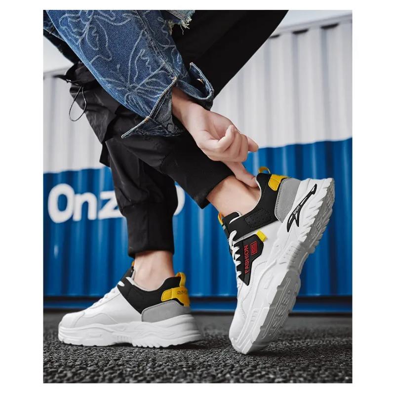 Men's Color Block Chunky Sneakers Non-Slip Thick Sole Casual Trainers Fashion Faux Leather Sports Shoes