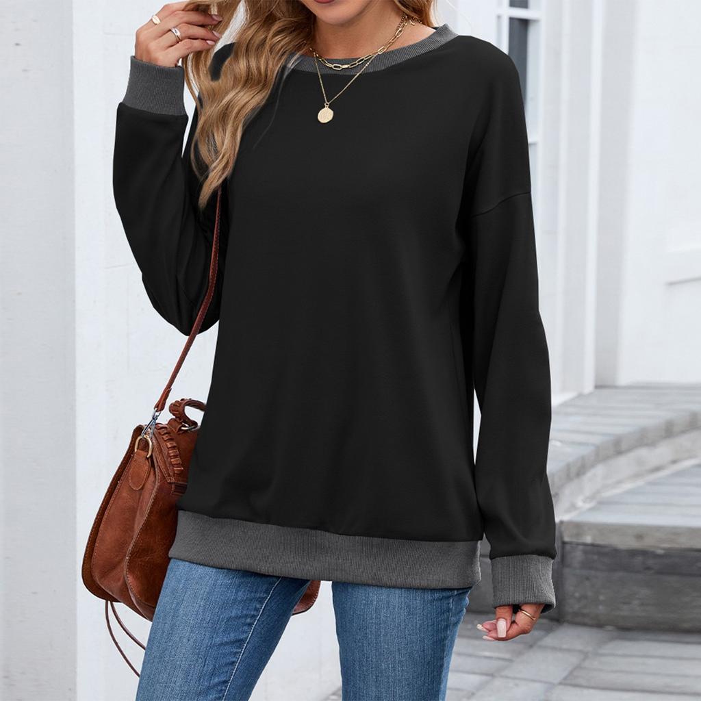 Women's Fashionable Color Blocked Round Neck Long Sleeved Casual Hoodie Top