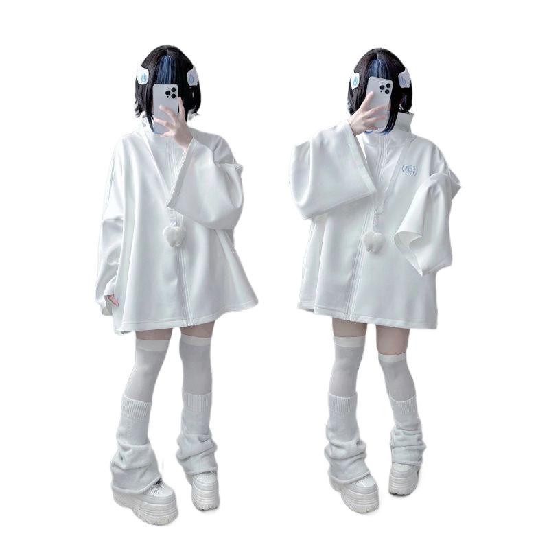 Hanorace de primăvară japoneze, casual, solide, pentru femei, largi, Y2k, estetice, broderii supradimensionate, hanorace cu fermoar Harajuku