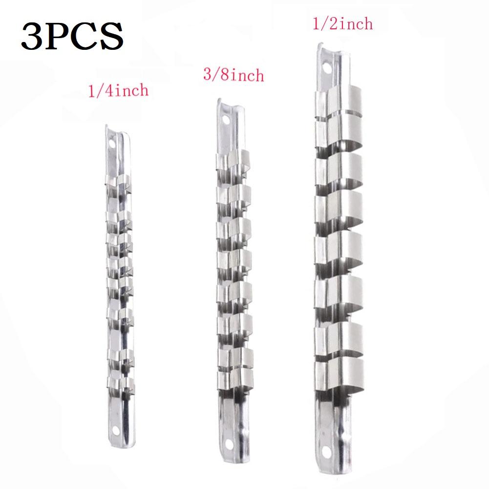 1/3Pcs 1/4" Or 3/8" Or 1/2" Socket Rack Holders With 8 Clips On Rail Tool 150/190/260mm Wall-mounted Iron Organizer Storage