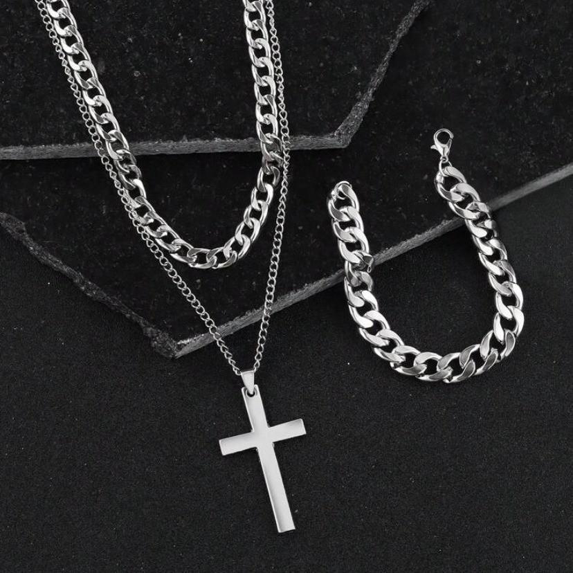 Stylish Womens Fashion Cross Jewelry Set Alloy Necklace, Ring Bracelet 3-Pack