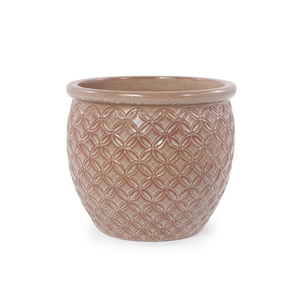 Single Handmade Ceramic Plant Pot (diameter 23 cm), Glossy Beige with Coin Relief, Breathable, Frost-Resistant, with Drainage Holes for Balcony Plants