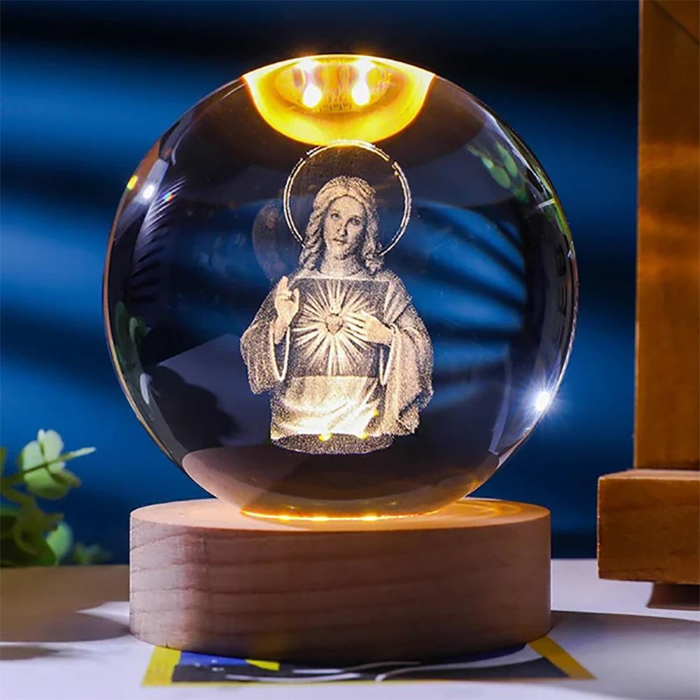 3D Creative Engrave Crystal Ball with Wooden Base USB Charging LED Crystal Ball Night Light Lighted Crystal Ball Art Decoration