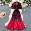 Women's Designer-Style Leopard-Print Midi Dress Casual Loose Fit with Puff Sleeves Sashes Lace-Up Chiffon Long Dress