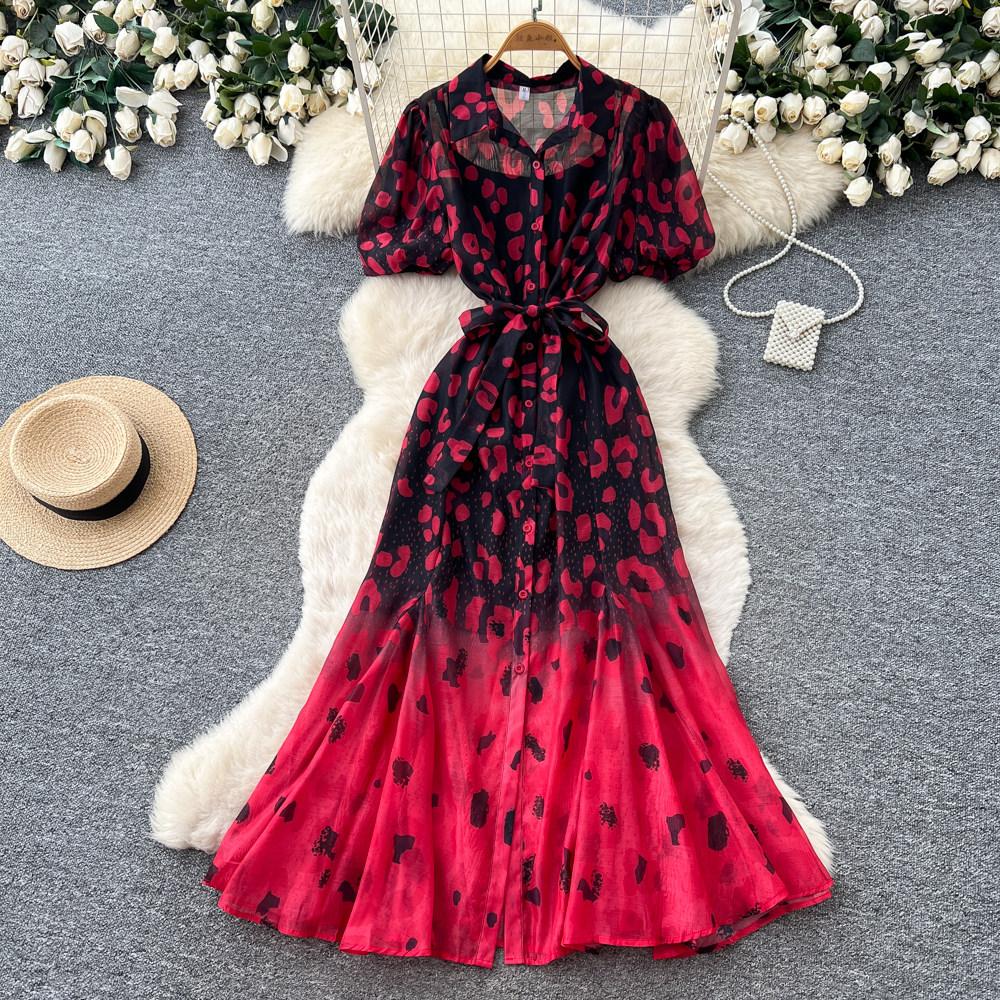 Robe Mi-Longue Imprimé Léopard Style Designer pour Femme Décontractée Coupe Ample avec Manches Bouffantes Liens à Nouer Robe Longue en Mousseline