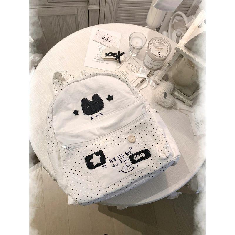 

Cute Young Adult Heart Cat Backpack Bags Female Korean Black and White Polka Dot Junior and Middle School Students Class Schoolbag Versatile Backpack White
