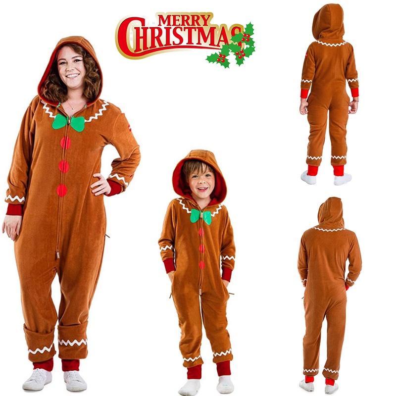 Christmas Gingerbread Man Cosplay Costume Hooded Jumpsuits Adult Kids Xmas Party