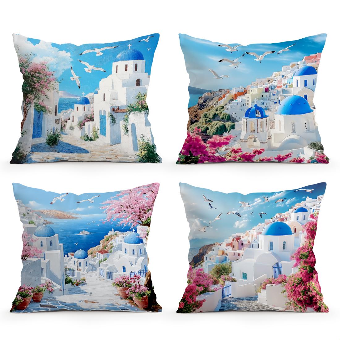 Tinika Chen Unisex Greece Santorini Scenery Cushions Pillowcase Cushion Cover Throw Pillow Sofa Decoration Pillowcover Home Car Sofa Decor