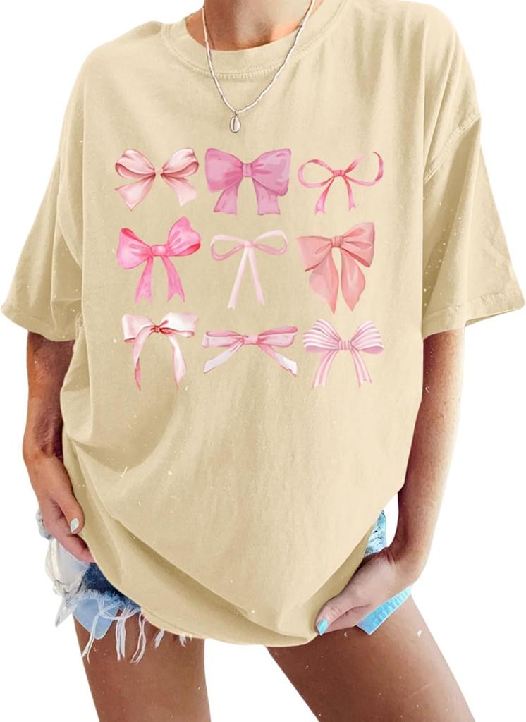 Bow Shirts for Women Oversized Tshirts Coquette Aesthetic Pink Bow Shirt Womens Cute Graphic Trendy Tees Top