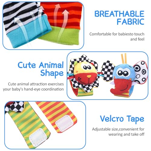 Baby Wrist Rattles Socks and Foot Finder Toy Set, 4-Piece Newborn Learning Toys for 0-12 Months Boys Girls, Baby Shower Birthday Gift