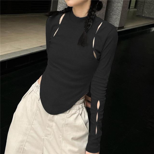 

2023 модные футболки для женщин, футболки с полувысоким воротником, топы, нестандартные сексуальные футболки, одежда Y2k L чёрный