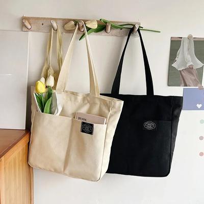 Damen Canvas-Tragetasche, einfarbig, Designer-Handtasche, Schultertasche, Baumwolle, wiederverwendbar, Einkaufstasche, Strandtasche