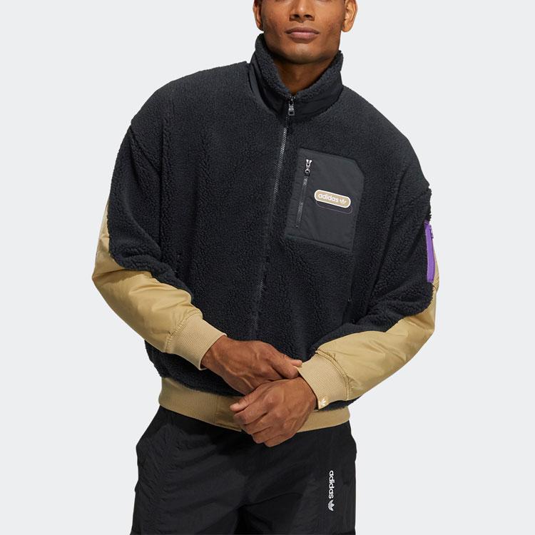 Adidas Originals Mr Sherpa Jacket Self-Stowing Fleece Patch Stand Collar Logo Sports Jacket Men Outerwear Black HC0374