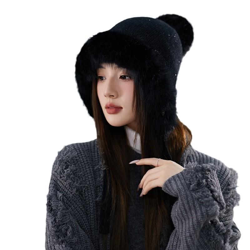 Czapka Damska Słodka Urocza Czapka z Pomponem Ochrona Uszu Ciepła Czapka Dzianinowa z Króliczej Wełny Zimowa Wełniana Czapka