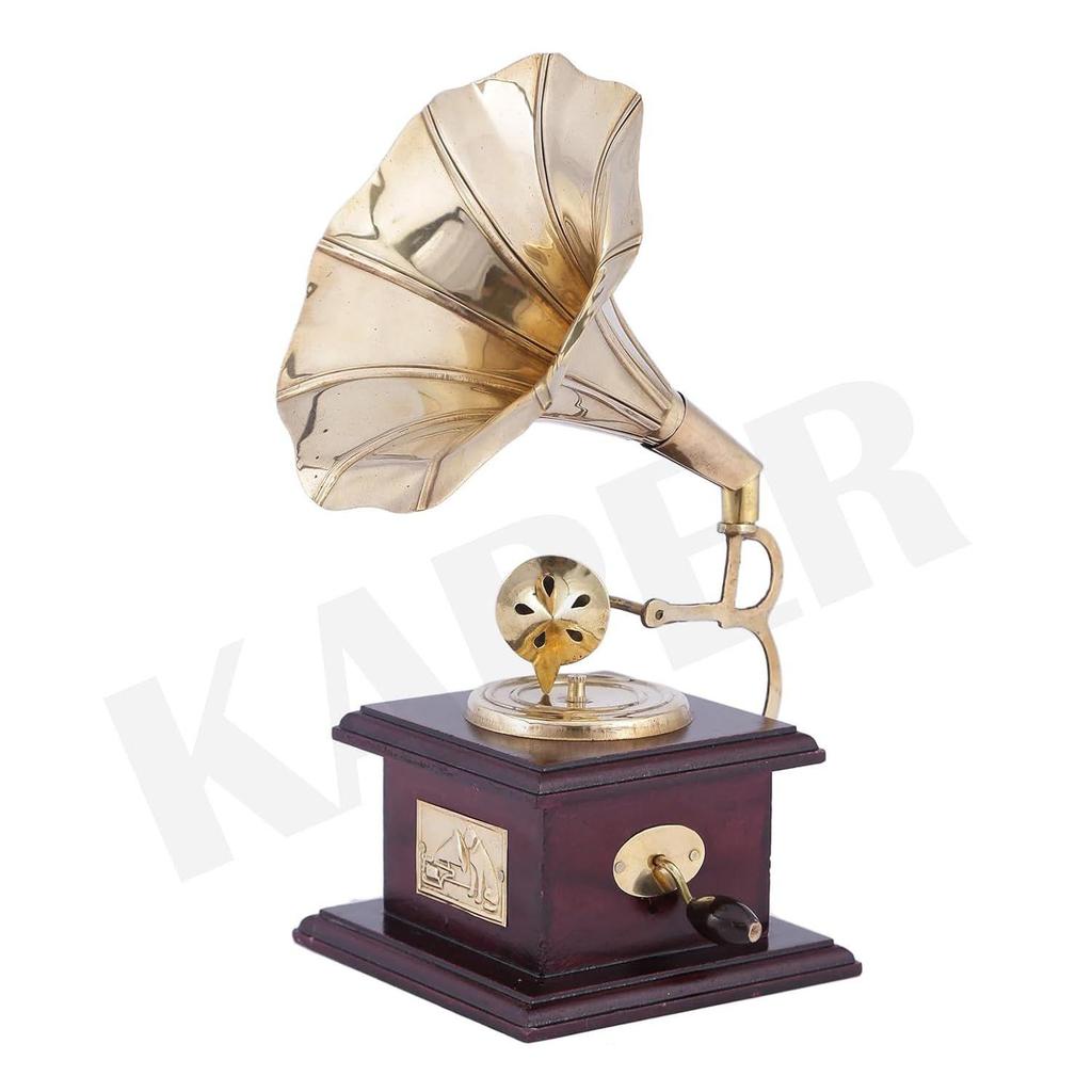 Brass Decorative Gramophone Showpiece & Ceramic Flower Vase Set | Home Decor Combo for Living Room