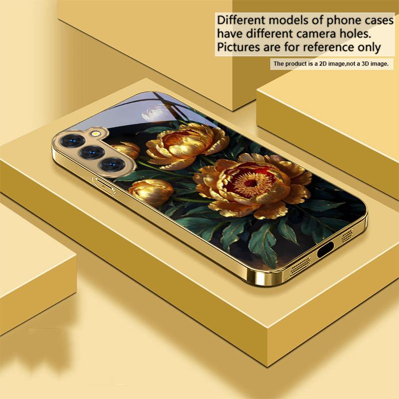 Prosperous Golden Peony For Samsung Galaxy S20 FE S21 S22 S23 Plus S24 Ultra 25Ultra S21+ S9+ S22Plus Golden Glass Phone Case