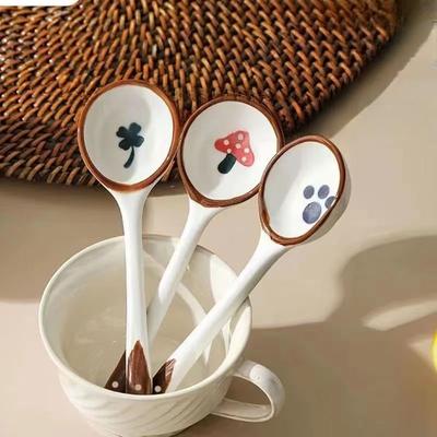Cute Ceramic Soup Spoon Kawaii Korean Ice Cream Hand Painted Dessert Spoon with Long Handle Kitchen Tableware Accessories Gift