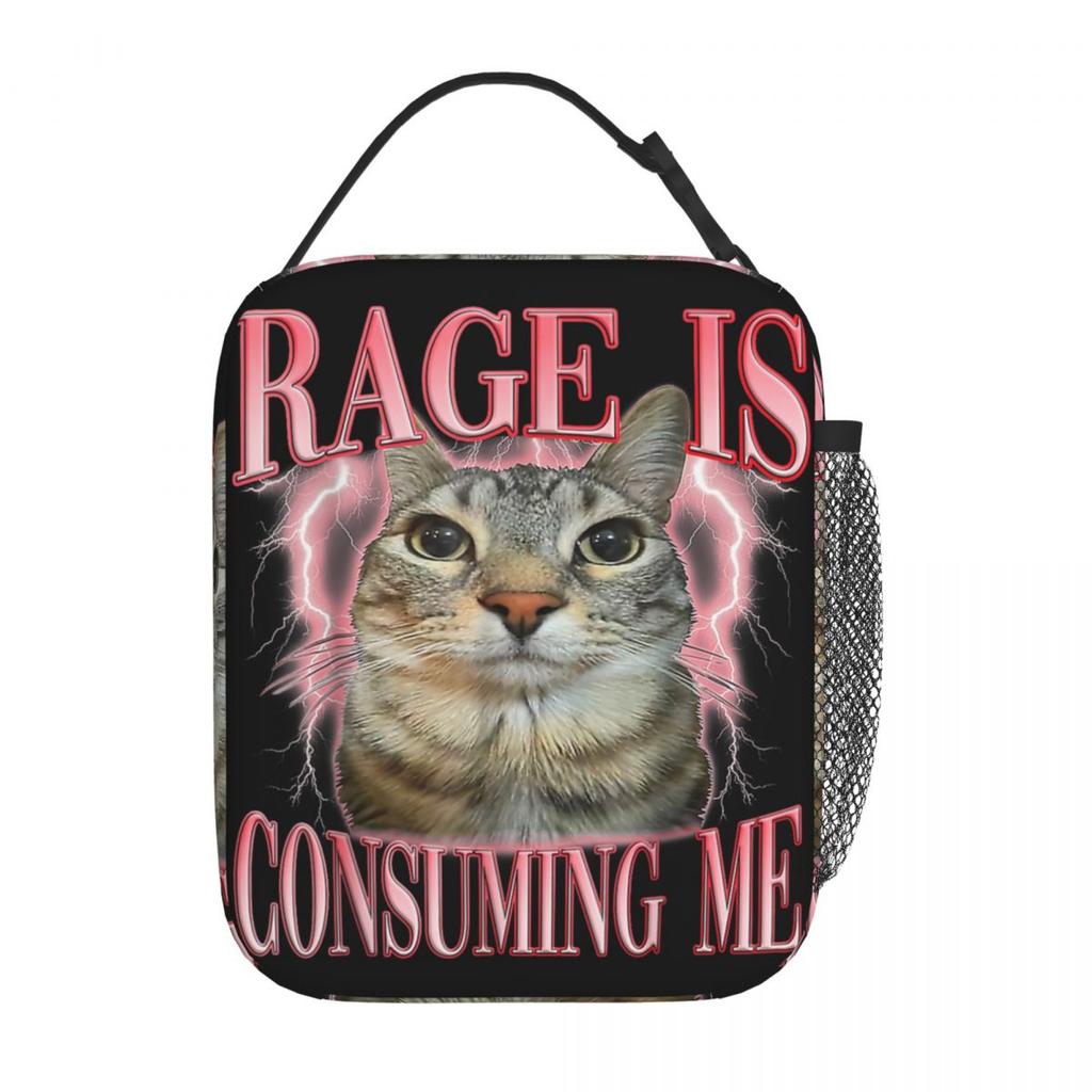 Rage Is Consuming Me Funny Cat Kitten Meme Humor Lunch Bag Casual Lunch Box Portable Insulated Thermal Lunch Bags Cooler Bag