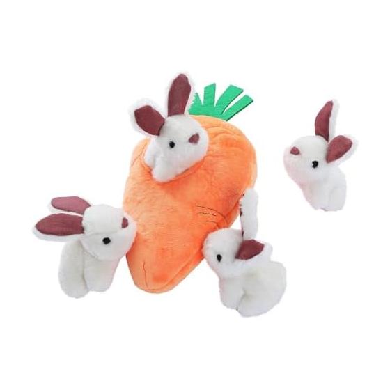 AmazonBasics Dog Toy Plush Hide and Seek Rabbit Carrot Machine Washable Orange/White