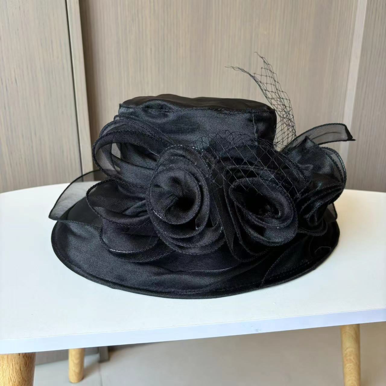 

Summer sun protection bucket hat organza flower sun hat foldable big brim beach hat mesh hat one size