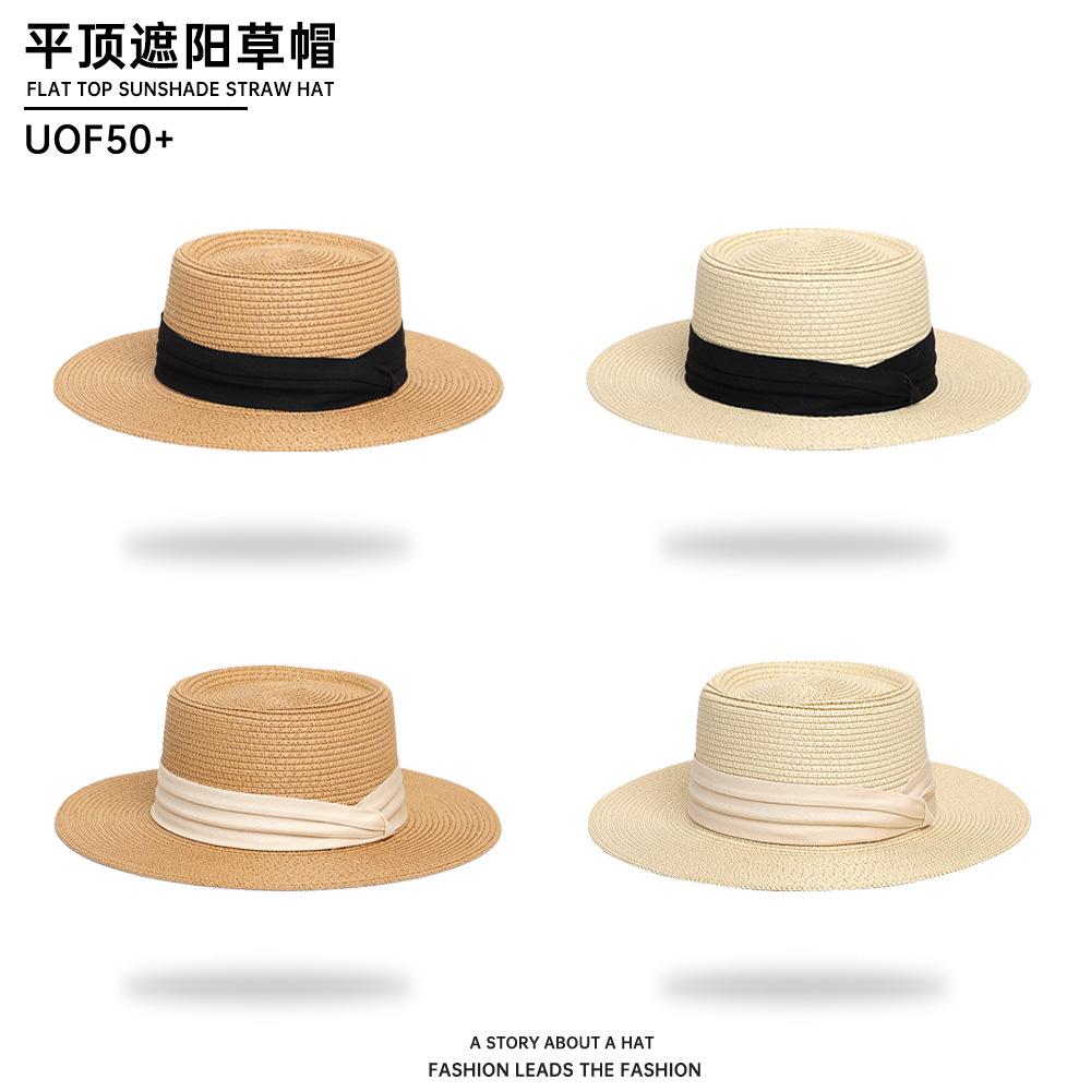 2025 summer sun hat French flat top straw hat women's seaside beach sun protection woven hat