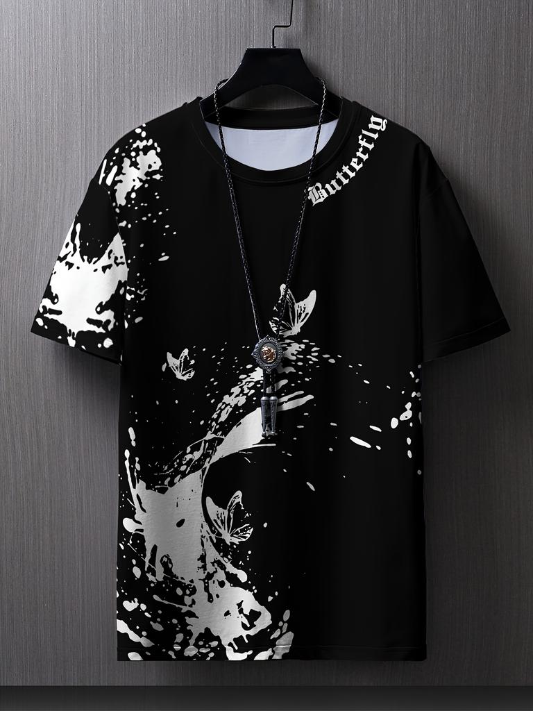 Men's Spring, Summer and Autumn Flat Shoulder Casual Butterfly Print Short-sleeved T-shirt, Suitable for Casual Outings