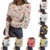 Women Casual Long Sleeve Crewneck Floral Print Ribbed Top Lightweight Pullover Loose Fit Soft Breathable Shirt for Daily Wear