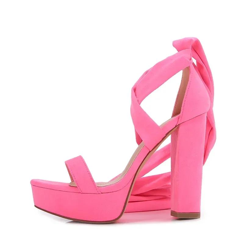 Women Lace Up Chunky Heel Summer Open Toe Strappy Block Heel Sandals Night Club Party Pumps Shoe Tie Up Platform Slippers Black