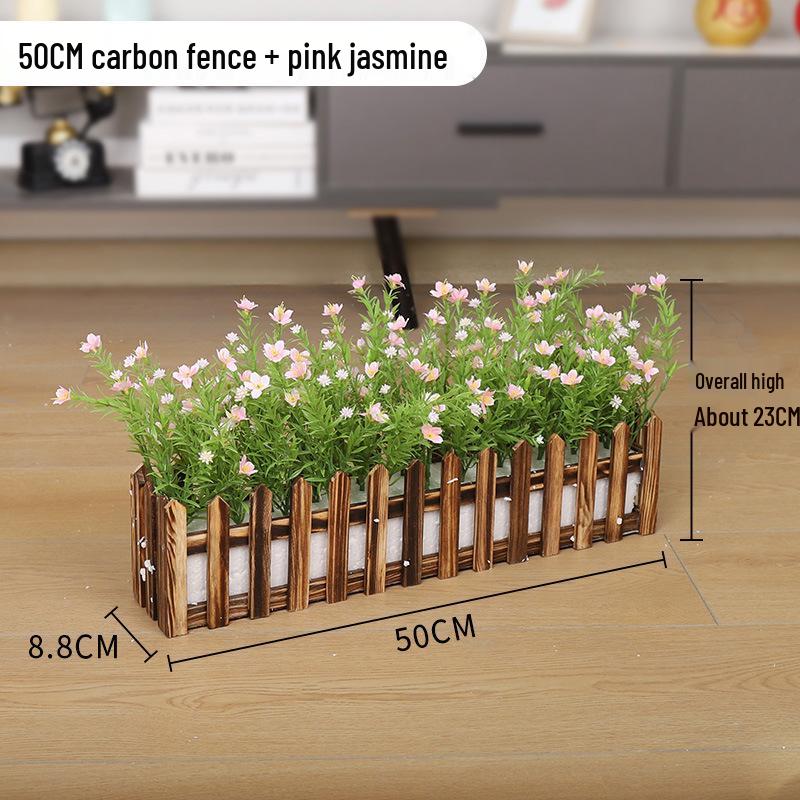 Silk Flower Pot with Wood Fence: Decorative Bonsai for Living Room or Office.