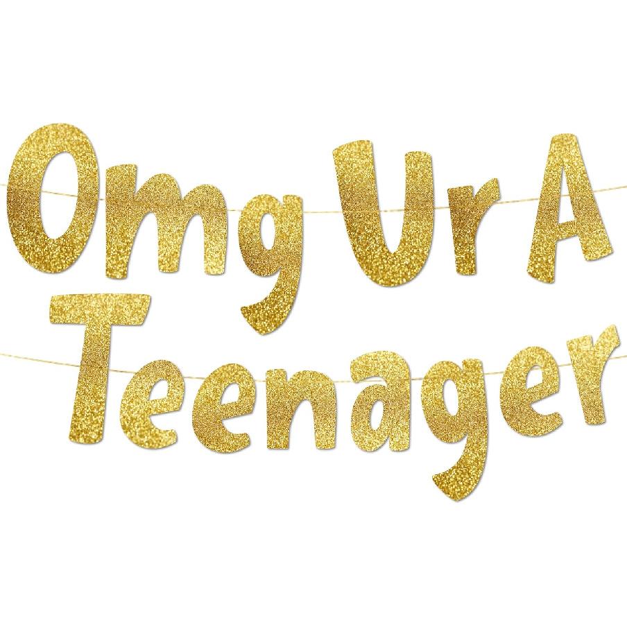 OMG Ur A Teenager Gold Glitter Banner - 13th Birthday Decorations, Favors and Supplies золотой