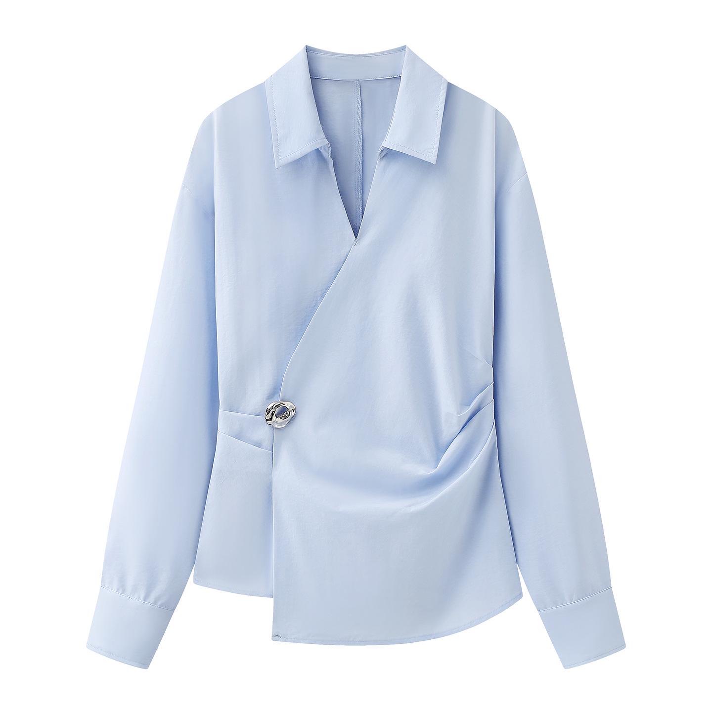 2026 Spring Women s V-Neck Waist-Cinched French Style Shirt Top S86C196A Large синий