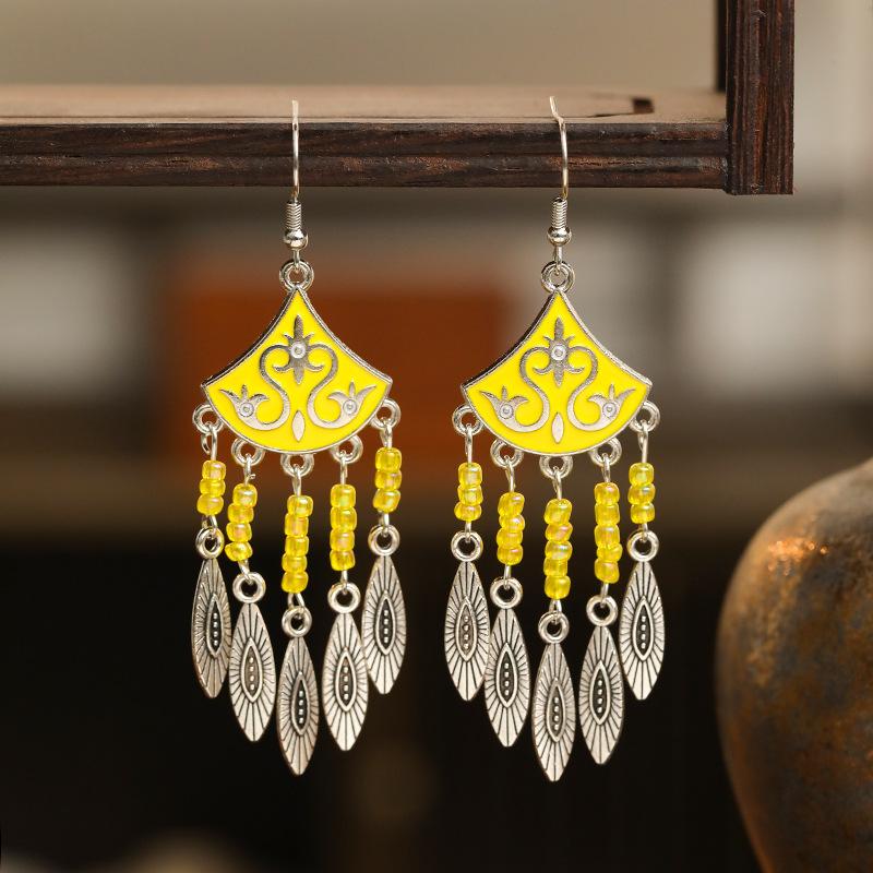 Classical Ethnic Drop Glaze Geometric Earrings for Women Vintage Texture Beaded Dangle Earring Daily Vacation Jewelry