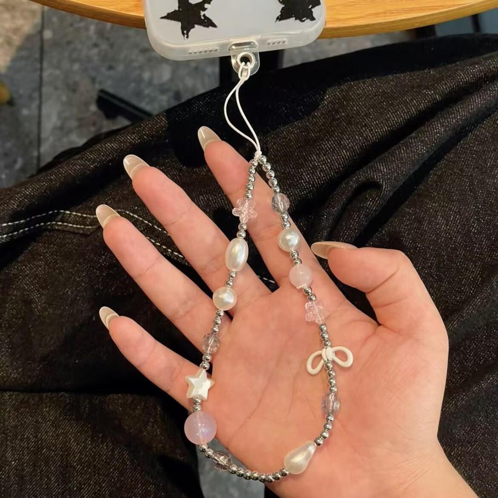 Elegant Pearl Beaded Phone Lanyard with Bow, Star, and Luxury Chain – Anti-Lost Design for Women